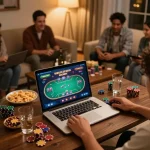 Players enjoying online poker on okwin while surrounded by friends in a cozy atmosphere
