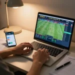 Engaging in online betting on king33 with live sports events displayed on a laptop