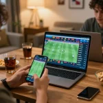 Players enthusiastically placing bets on kkwin during a live sports event in a cozy home.