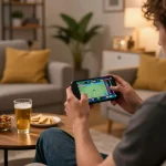 Enjoying online sports betting at home with uu88 mobile app displayed on smartphone.