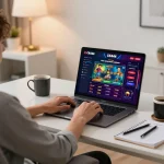 Person engaging in CK444 apk mobile gaming in a modern home setting, showcasing a vibrant online casino interface