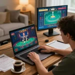 Engaging moment at bet88 where a player strategizes on blackjack while enjoying online gaming at home