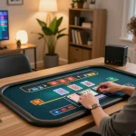 Player engaging with LV88 live dealer game on a tablet in a cozy home environment, emphasizing strategic gambling.