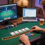 Player enjoying SC88 live dealer blackjack with warm home decor, emphasizing online gaming strategy
