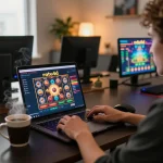Player using the ratu4d app to interact with a vibrant online slot game at a sleek desk.