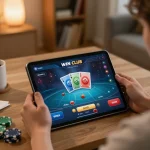 IWIN CLUB showcased on a tablet during a cozy home gaming session with cards displayed