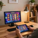 Engaging moment playing rik vip online casino games on tablet in cozy home office.