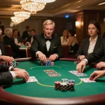 TT88 players engaged in high-stakes poker at a luxurious casino table, showcasing thrill and strategy.