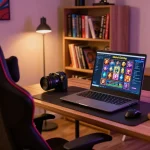 Engaging online gaming scene featuring kdslot interface on laptop in cozy home office