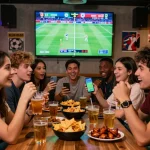 Friends enjoying judi bola betting experience in a lively sports bar setting with live odds displayed.