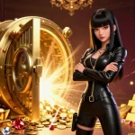 Engage with thrilling gameplay at rg8369, featuring a dynamic 3D scene of an Asian woman in a leather outfit amidst gold bars and neon highlights.