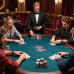 Engaged players at the poker table in a vibrant casino setting showcasing 888VI COM.
