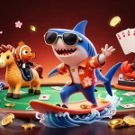 Feel the excitement at zt9398 as a shark surfs on gold coins, with dynamic poker elements enhancing the thrill.
