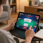 Engaging player enjoys online gaming experience at NK88 COM with tablet and strategy notes.