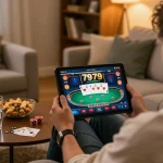 Engaging in fun79 online casino gameplay on tablet while enjoying a cozy home atmosphere