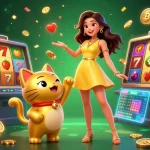 Experience vibrant gaming at z188 com with a cheerful Asian woman and a lucky cat mascot amidst floating slot reels.