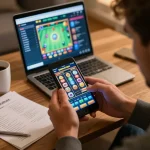 Player engaging with non gamstop slot game on mobile device in a cozy home setting