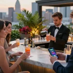 M109 casino enthusiasts enjoying mobile gaming at a stylish rooftop bar.