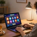 Play the exciting 88pulsa slot on a stylish laptop in a cozy home office environment.