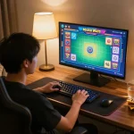 Player enjoying Mahjong Ways on Tempo 123 online gaming setup with cozy home atmosphere.