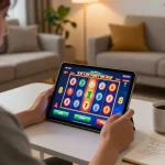 Engaging with a slot bonus during an online slot game session in a cozy living room