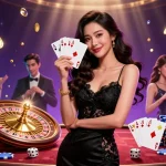 Check Mega888 Server Status 2026 with a glamorous casino scene featuring an elegant woman holding ace cards.
