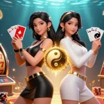 Experience the thrill of 3win casino with stunning twin Asian women showcasing their playing cards.