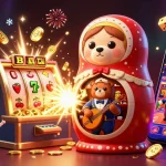 Engaging illustration depicting 'link vào 66B' with a lively casino scene featuring cartoon bears and festive slot game elements.