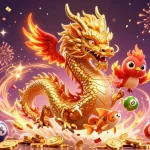 Kenzototo players enjoy dynamic lottery action with a dragon, phoenix, and koi fish surrounded by vibrant gaming elements.