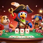 Joacă jocuri casino poker cu căpitanul pescar, câinele și pisica, la masa de poker.