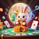DABET showcases the moon rabbit celebrating with poker chips and slot reels in a vibrant casino scene.