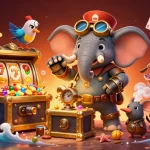 Play slots with DEBET alongside a steampunk elephant engineer and colorful gems.