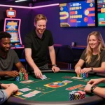 Exciting gaming atmosphere at https://crownwoods.org.uk/, featuring UK players enjoying credit card casino games with vibrant digital displays.