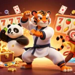 Engage with iwin casino magic, featuring a kung fu tiger master amidst thrilling slot games and sparkling treasures.