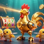Spin lucky reels on slot77 with a golden rooster robot and crypto elements in a vibrant casino scene.