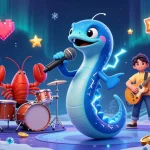 Electric eel DJ at UK88 casino, vibrant underwater scene with slot machines, lightning effects