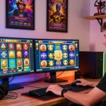 Action-packed gamer engaged in bonus buy slots UK gameplay with vibrant visuals and gaming accessories in a lively atmosphere.