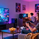 Engaging Raja Game login moment with friends in a vibrant gaming room.