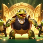 Baccarat-themed scene with a vintage snapping turtle mobster and bullfrog enforcers amidst treasures and sparkles, creating a dynamic casino atmosphere.
