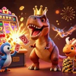 Engage in thrilling slots with NET88 featuring a T-Rex and friends amidst jackpot chaos.