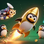 Experience the excitement of M88 asia with a vibrant casino scene featuring a golden penguin, crypto coins, and a poker chip space station.