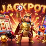 Experience thrilling wins at FIVE88 with a cartoon gladiator beetle lifting a poker chip amidst jackpot symbols.