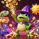 Bet on nowgoal nba with this vivid illustration of a wizard frog and chameleon amid casino game elements.