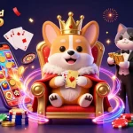 Engage in a vibrant credit card casino experience with a royal corgi on a throne of poker chips.